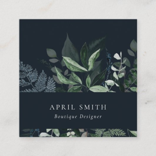 Moderne marine Green Leafy Tropical Foliage Fern Vierkante Visitekaartje (Voorkant)
