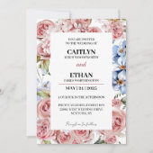 Moderne Marine & Licht Rode Bloemen Bruiloft Kaart (Voorkant)