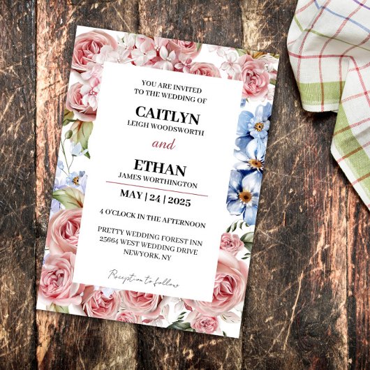 Moderne Marine & Licht Rode Bloemen Bruiloft Kaart