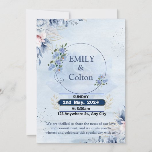 Moderne Marine & Lichtblauwe Bloemen Uitnodiging (Voorkant)