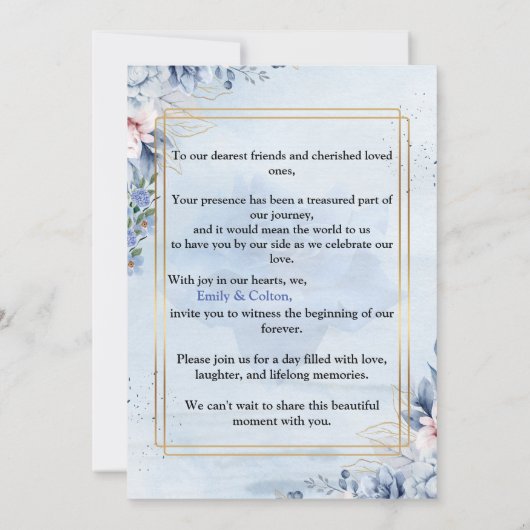 Moderne Marine & Lichtblauwe Bloemen Uitnodiging (Achterkant)