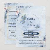 Moderne Marine & Lichtblauwe Bloemen Uitnodiging (Voorkant / Achterkant)