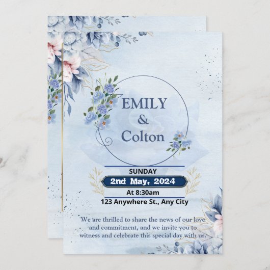Moderne Marine & Lichtblauwe Bloemen Uitnodiging (Voorkant / Achterkant)