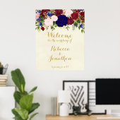 moderne marine marsala bloemen bruiloft welkom bor poster (Thuiskantoor)