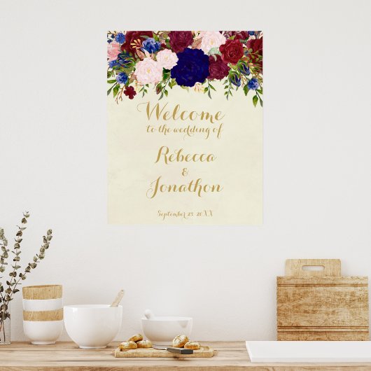 moderne marine marsala bloemrijke trouw welkom bor poster (Keuken)
