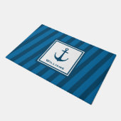 Moderne marine Striped Nautical Achternaam Anchor Deurmat (Schuin)