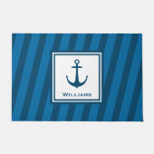 Moderne marine Striped Nautical Achternaam Anchor Deurmat (Voorkant)