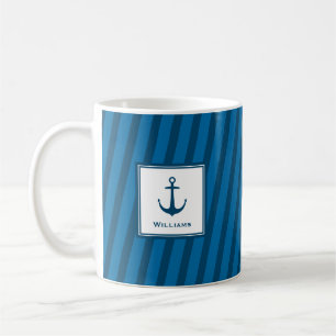 Moderne marine Striped Nautical Achternaam Anchor Koffiemok