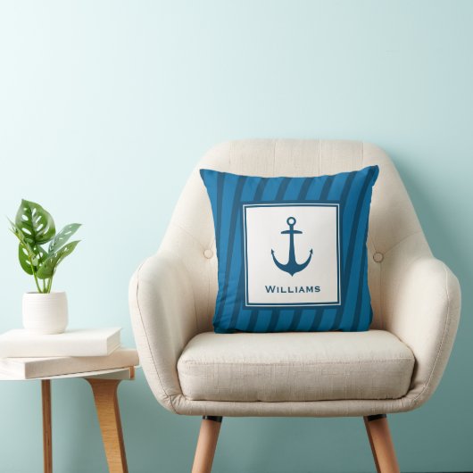 Moderne marine Striped Nautical Achternaam Anchor Kussen (Stoel)
