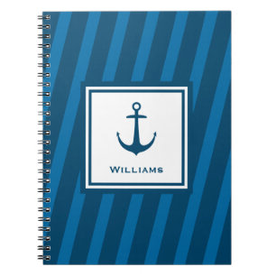 Moderne marine Striped Nautical Achternaam Anchor Notitieboek