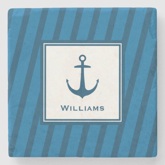 Moderne marine Striped Nautical Achternaam Anchor Stenen Onderzetter (Voorkant)