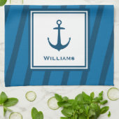 Moderne marine Striped Nautical Achternaam Anchor Theedoek (Gevouwen)
