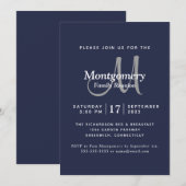 Moderne marine White Silver Monogram Family Reunio Kaart (Voorkant / Achterkant)
