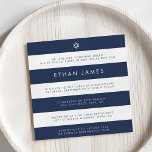 Moderne marine & White Stripe Bar Mitzvah Uitnodig Kaart<br><div class="desc">Onze Bar Mitzvah-uitnodigingen hebben een modern nautisch gevoel, met brede, horizontale marineblauw en witte strepen met moderne sans serif-letters en een kleine Ster van David bovenaan. Gebruik de tekstvelden die u hebt opgegeven om uw aangepaste invoer, ceremoniegegevens en partijgegevens toe te voegen. Pas de formulering aan zoals u die wenst...</div>