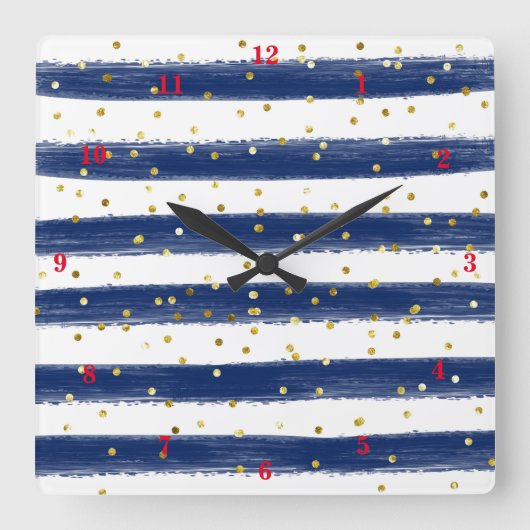 Moderne marine, witte, gouden strepen, Confetti kl Vierkante Klok (Voorkant)
