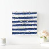 Moderne marine, witte, gouden strepen, Confetti kl Vierkante Klok (Huis)