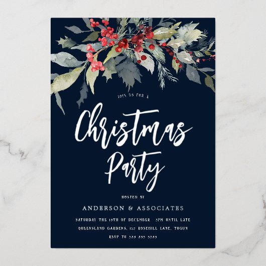 Moderne Marine & Zilveren Vakantie Kerstfeest Folie Uitnodiging (Voorkant)