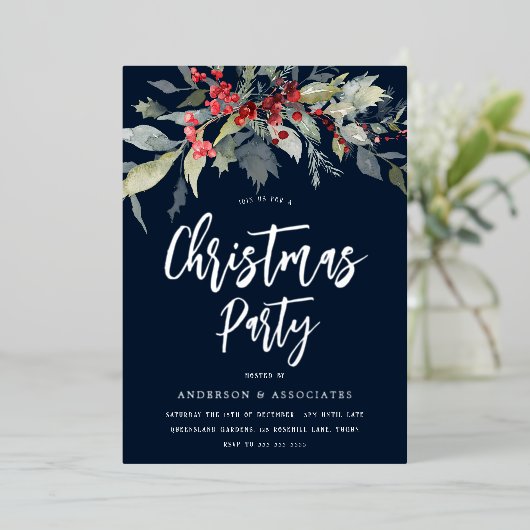 Moderne Marine & Zilveren Vakantie Kerstfeest Folie Uitnodiging (Staand Voorkant)