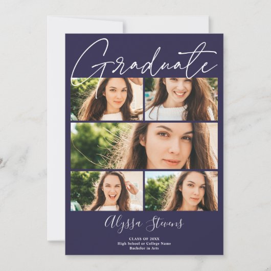 Moderne marineblauw 6 foto's grid collage afstuder aankondiging (Voorkant)