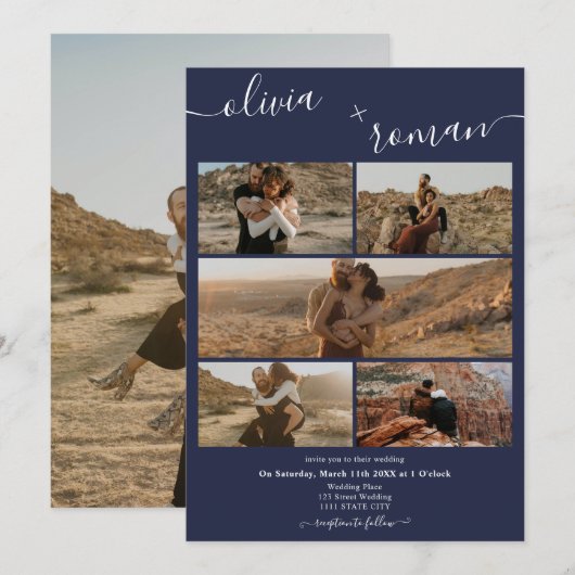 Moderne marineblauw 6 foto's rooster collage bruil kaart (Voorkant / Achterkant)