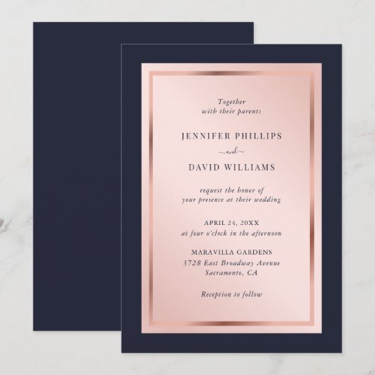 Moderne marineblauw blush Roos Gold Wedding Kaart (Voorkant / Achterkant)
