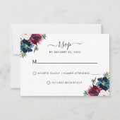 Moderne marineblauw Bourgogne Elegant Floral Weddi RSVP Kaartje (Voorkant)