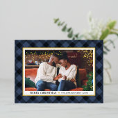 Moderne marineblauw buffel kerstfoto folie feestdagenkaart (Staand Voorkant)