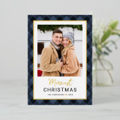 Moderne marineblauw buffel kerstfoto folie feestdagenkaart (Staand Voorkant)