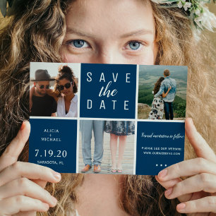 Moderne marineblauw, eenvoudig 3 foto-collage brui save the date