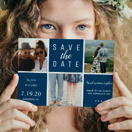 Moderne marineblauw, eenvoudig 3 foto-collage brui save the date
