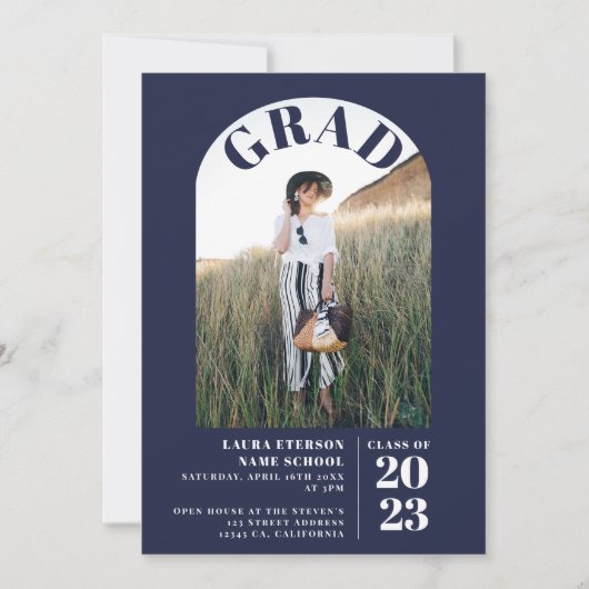 Moderne marineblauw elegant 5 foto's afstuderen kaart (Voorkant)