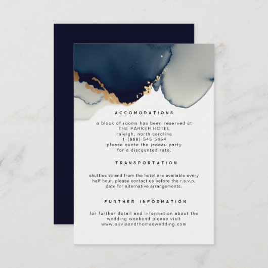 Moderne marineblauw elegante strand bruiloft detai informatiekaartje (Voorkant / Achterkant)