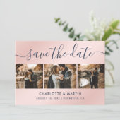 Moderne marineblauw en blush roze bruiloft foto save the date (Staand voorkant)