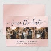 Moderne marineblauw en blush roze bruiloft foto save the date (Voorkant / Achterkant)