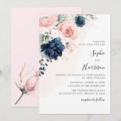 Moderne marineblauw en blush roze bruiloft kaart (Voorkant / Achterkant)
