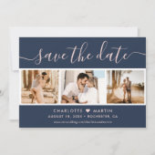 Moderne marineblauw en Blush Wedding 4 Foto Save The Date (Voorkant)