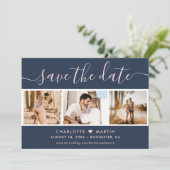 Moderne marineblauw en Blush Wedding 4 Foto Save The Date (Staand voorkant)