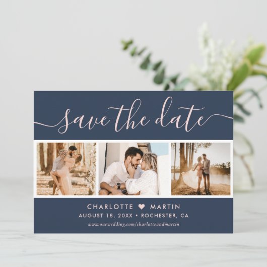 Moderne marineblauw en Blush Wedding 4 Foto Save The Date (Staand voorkant)