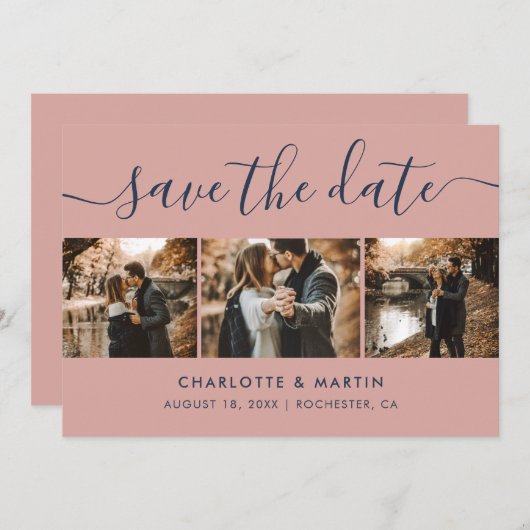 Moderne marineblauw en Blush Wedding Foto Save The Date (Voorkant / Achterkant)