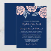 Moderne marineblauw en dubbelroze rozenweddenschap kaart (Voorkant / Achterkant)
