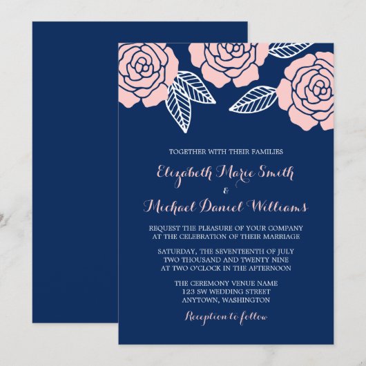 Moderne marineblauw en dubbelroze rozenweddenschap kaart (Voorkant / Achterkant)