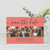 Moderne marineblauw en koraalfotocollage save the date (Staand voorkant)