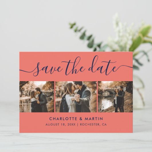 Moderne marineblauw en koraalfotocollage save the date (Staand voorkant)