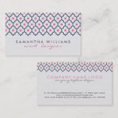 Moderne marineblauw en roze quatrefoliepatroon visitekaartje (Voorkant / Achterkant)