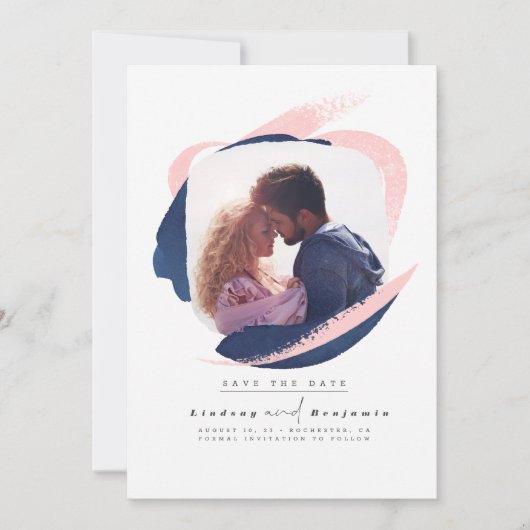 Moderne marineblauw en roze sparen de Datum Foto Save The Date (Voorkant)