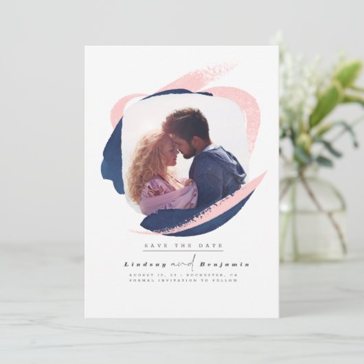 Moderne marineblauw en roze sparen de Datum Foto Save The Date (Staand voorkant)
