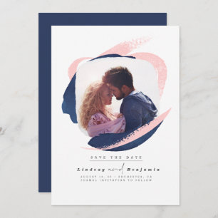 Moderne marineblauw en roze sparen de Datum Foto Save The Date