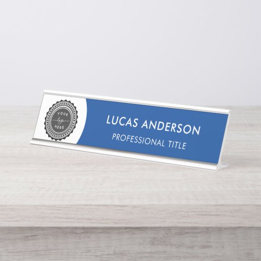 Moderne marineblauw en wit - voeg Logo, naam, tite Bureau Naambordje (Voorkant)