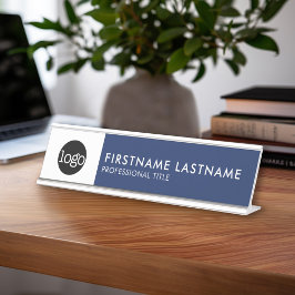 Moderne marineblauw en wit - voeg Logo, naam, tite Bureau Naambordje