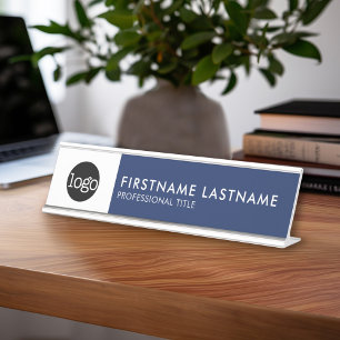 Moderne marineblauw en wit - voeg Logo, naam, tite Bureau Naambordje